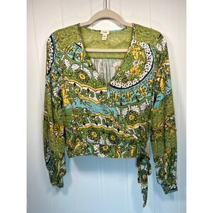 Anthropologie Tiny Floral Print Wrap Blouse Long Sleeve Green Yellow XS‎
